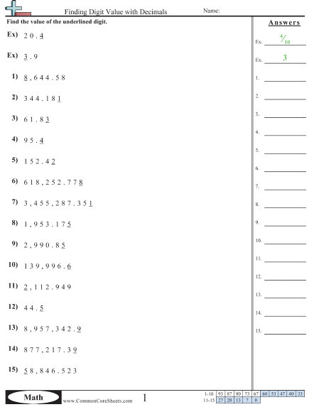 Finding Value (With Decimals) Worksheet - Finding Value (With Decimals) worksheet